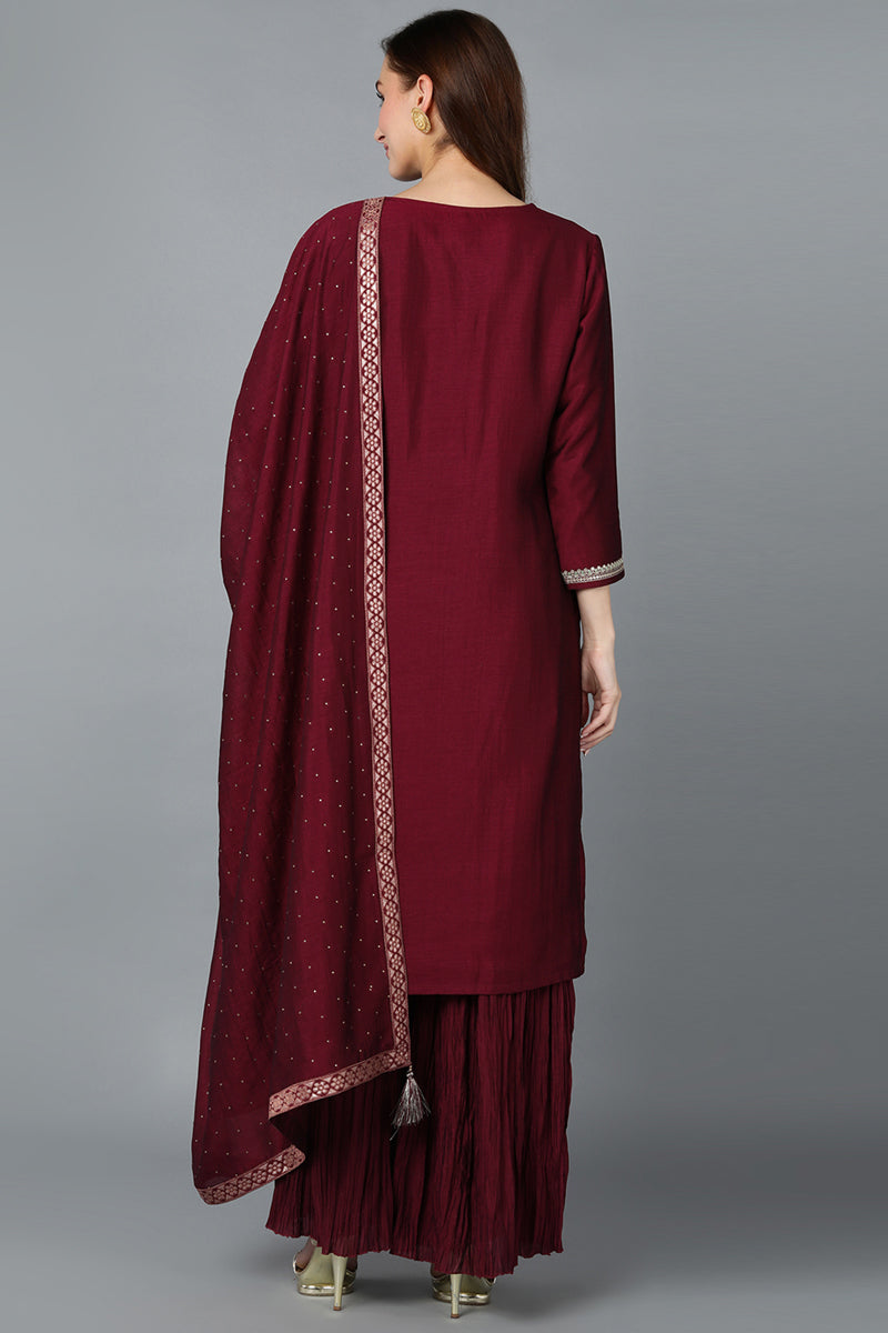Maroon Silk Blend Yoke Design Kurti Sharara With Dupatta  | SHOBITAM