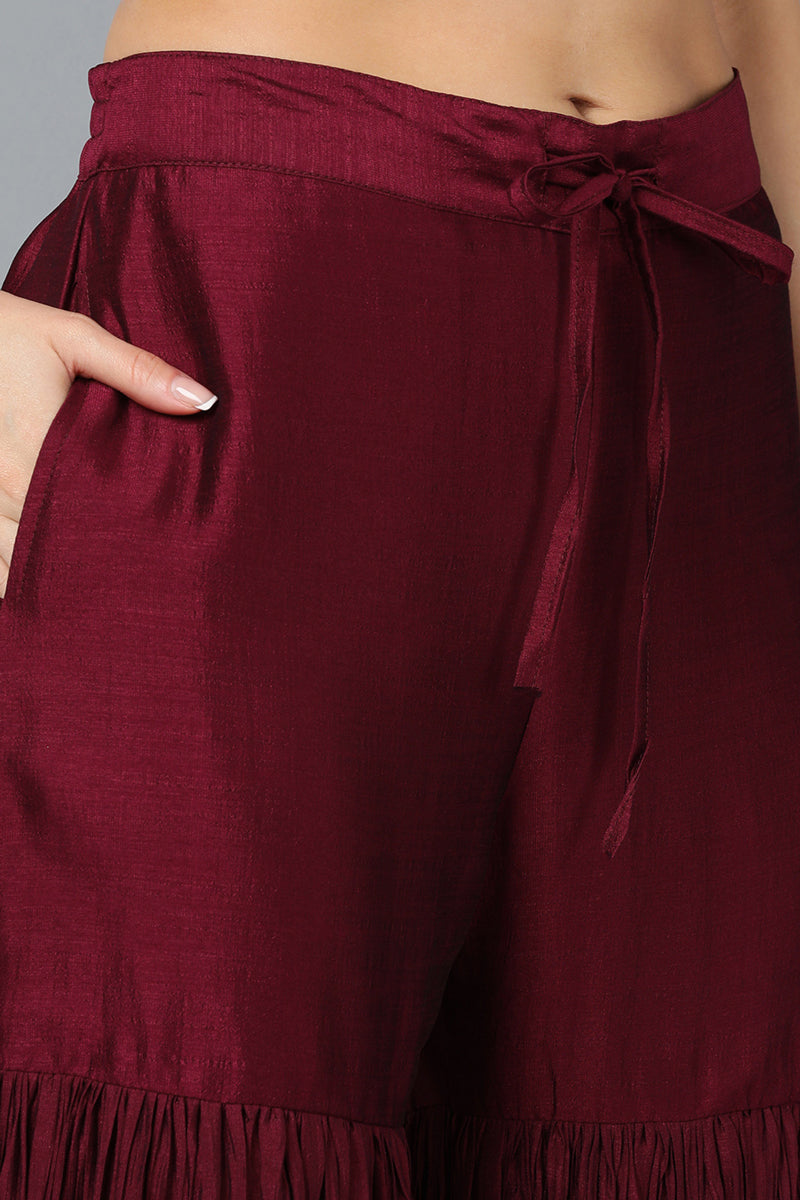 Maroon Silk Blend Yoke Design Kurti Sharara With Dupatta  | SHOBITAM