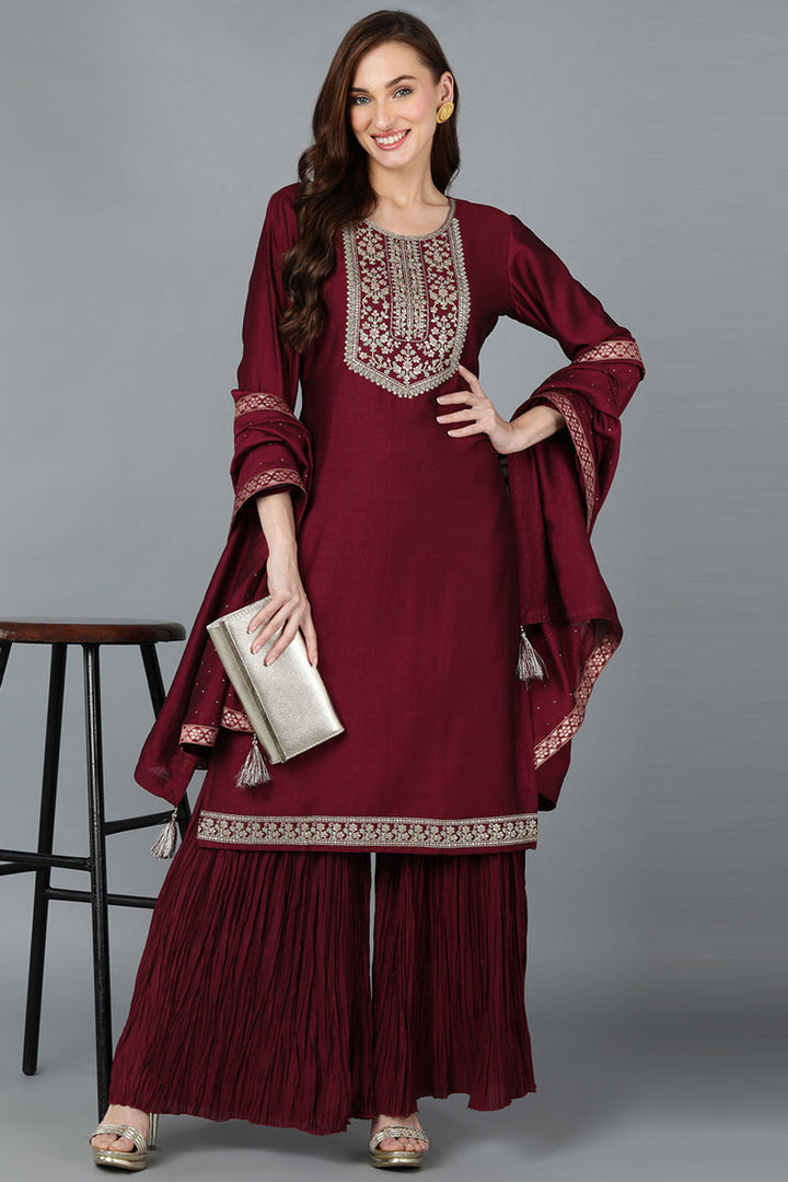 Maroon Silk Blend Yoke Design Kurti Sharara With Dupatta  | SHOBITAM