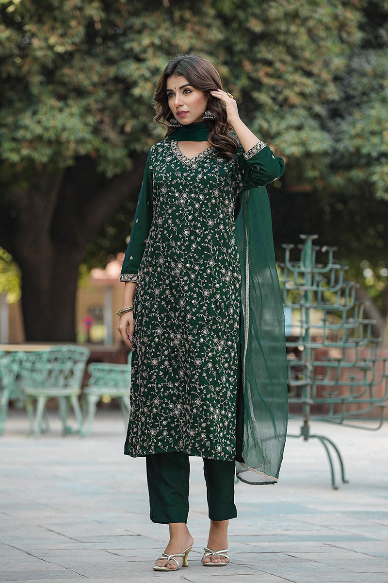 Green Silk Blend Embroidered Kurta Pant With Dupatta  | SHOBITAM