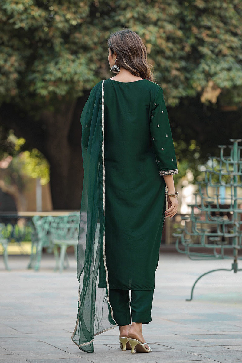 Green Silk Blend Embroidered Kurta Pant With Dupatta  | SHOBITAM