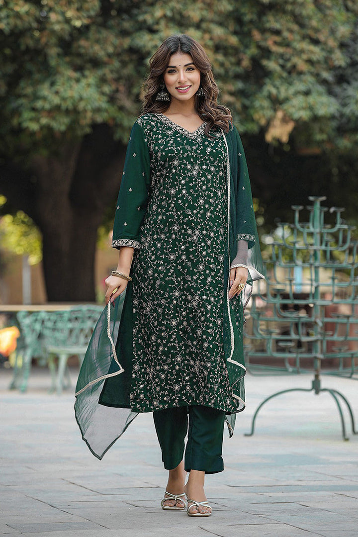 Green Silk Blend Embroidered Kurta Pant With Dupatta  | SHOBITAM