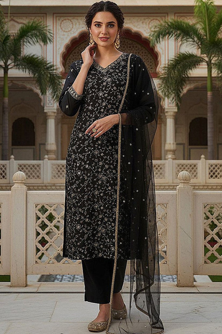 Black Silk Blend Embroidered Kurta Pant With Dupatta  | SHOBITAM
