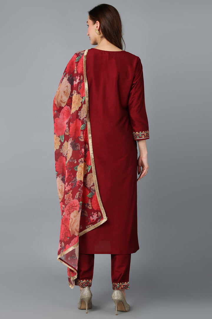 Maroon Silk Blend Embroidered Kurta Pant With Dupatta | SHOBITAM