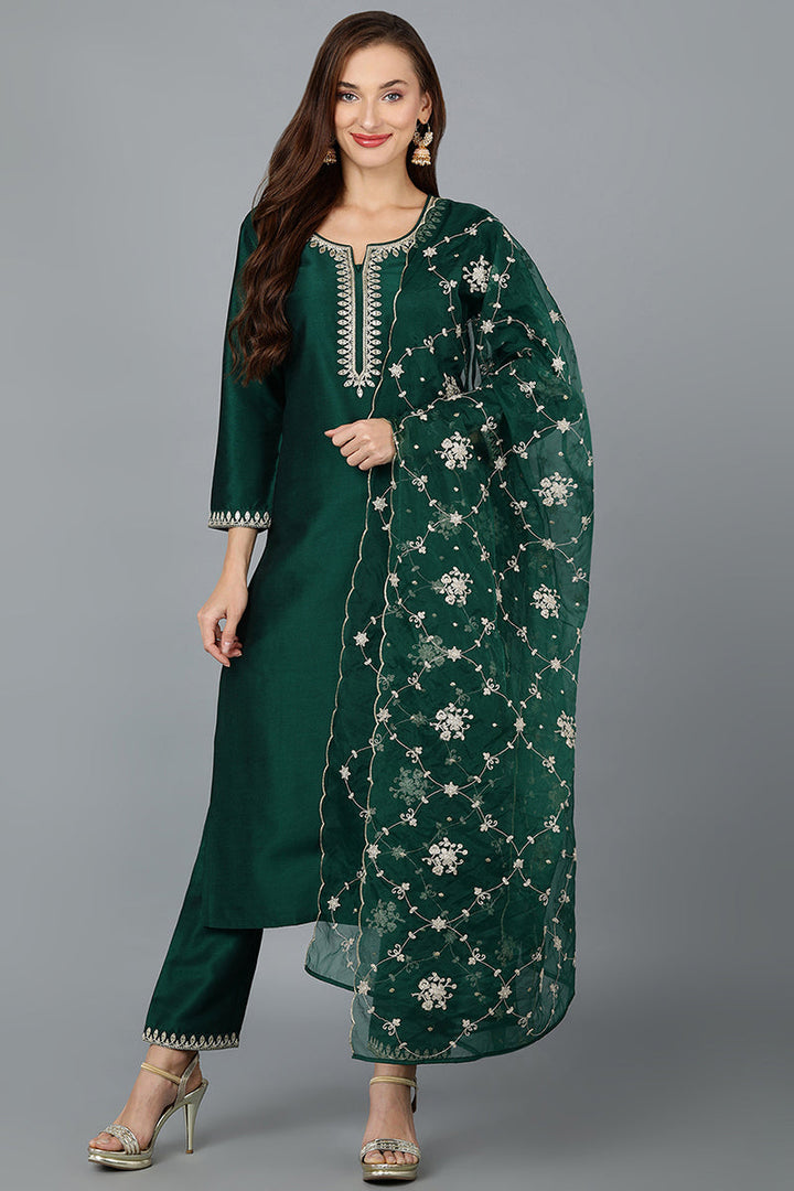 Green Silk Blend Straight Kurta Pant With Dupatta | SHOBITAM