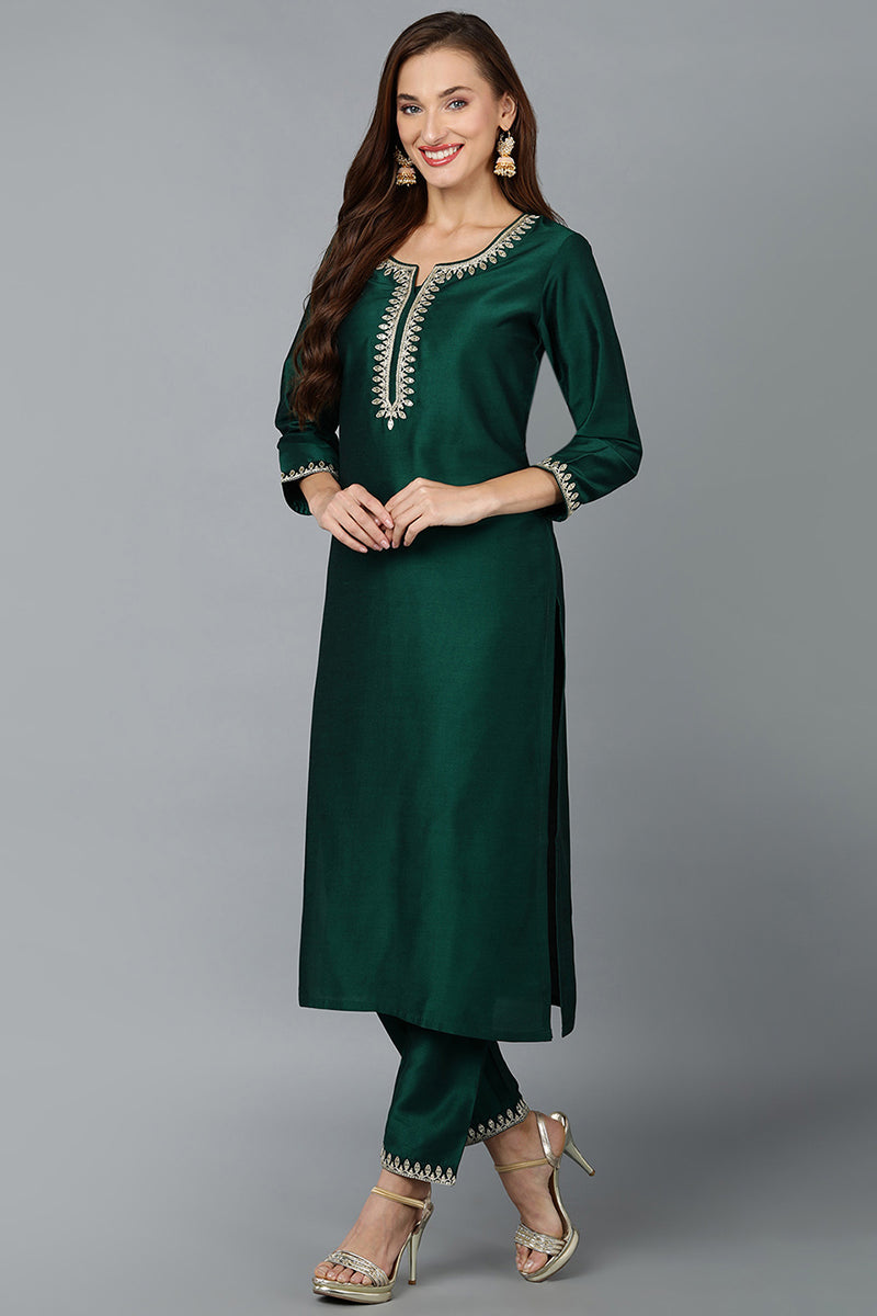 Green Silk Blend Straight Kurta Pant With Dupatta | SHOBITAM