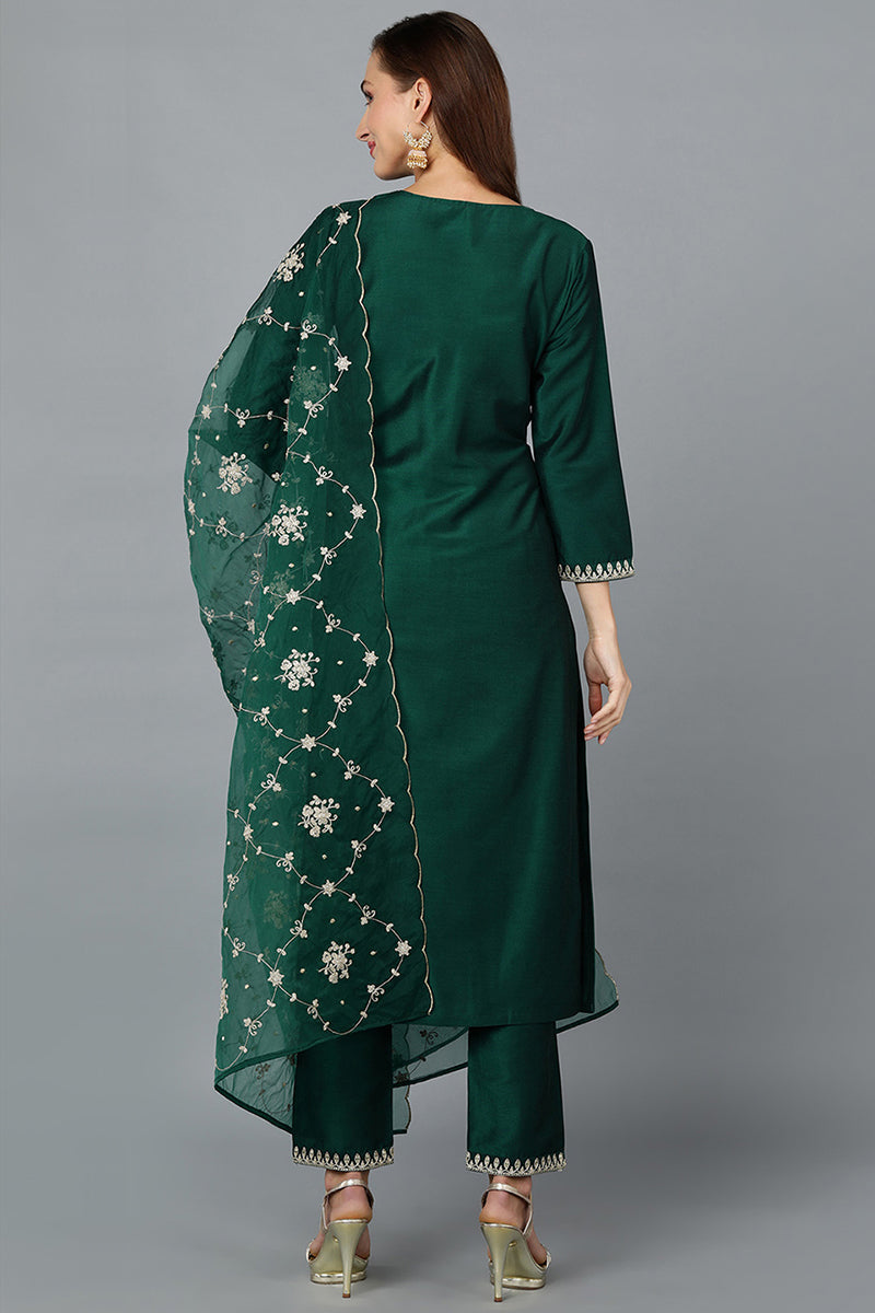 Green Silk Blend Straight Kurta Pant With Dupatta | SHOBITAM