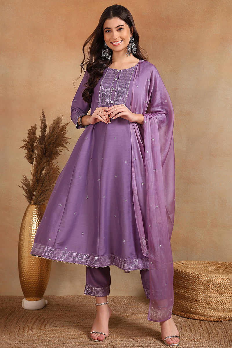 Lavender Silk Blend Anarkali Woven Design Kurta Pant With Dupatta  | SHOBITAM