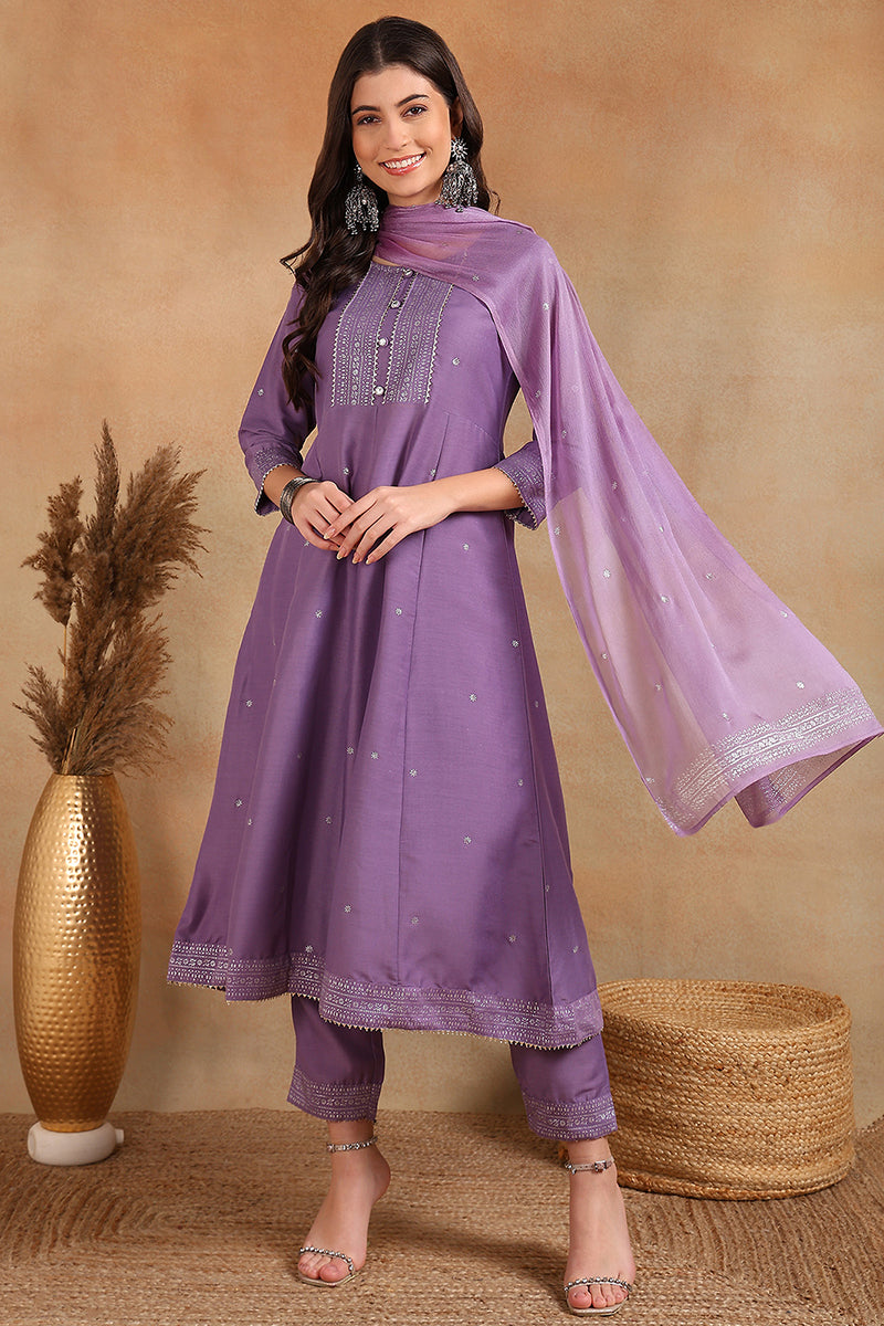 Lavender Silk Blend Anarkali Woven Design Kurta Pant With Dupatta  | SHOBITAM
