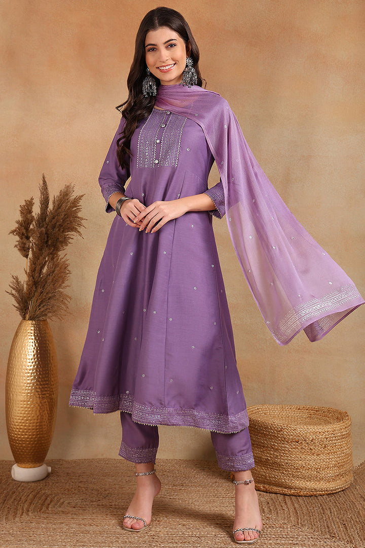 Lavender Silk Blend Anarkali Woven Design Kurta Pant With Dupatta  | SHOBITAM