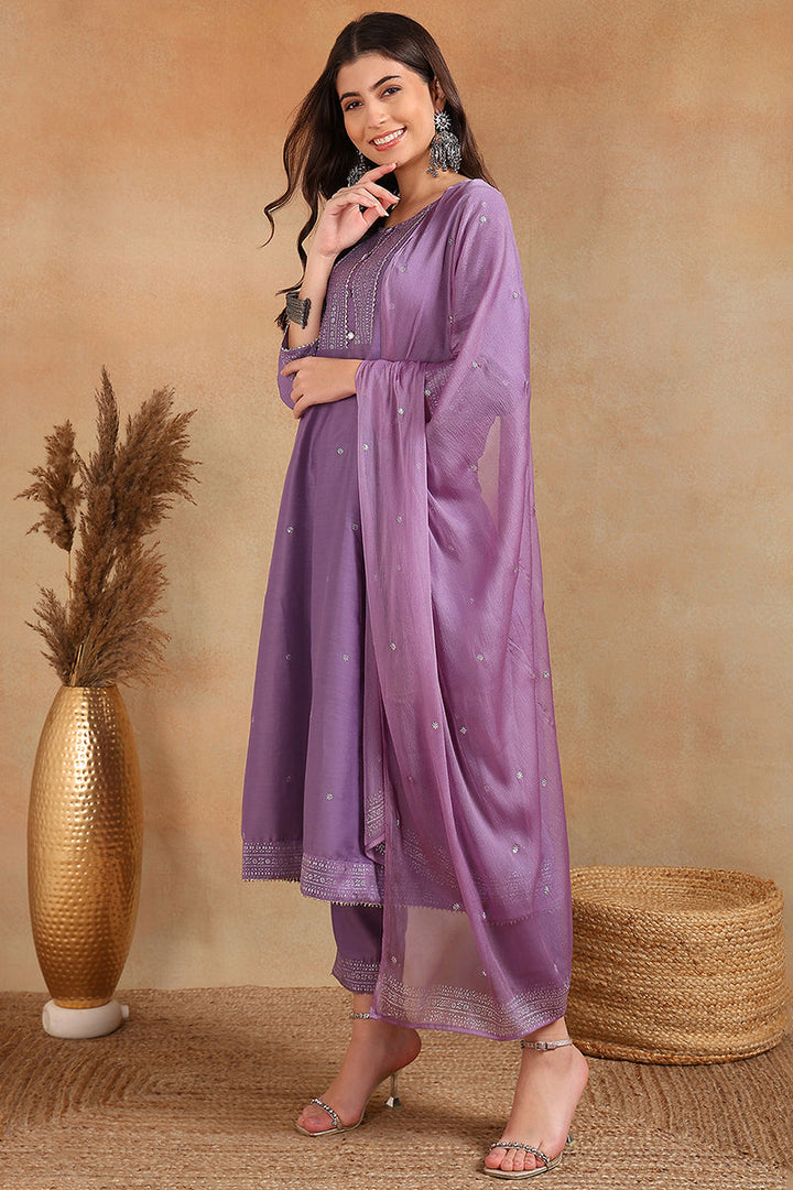 Lavender Silk Blend Anarkali Woven Design Kurta Pant With Dupatta  | SHOBITAM
