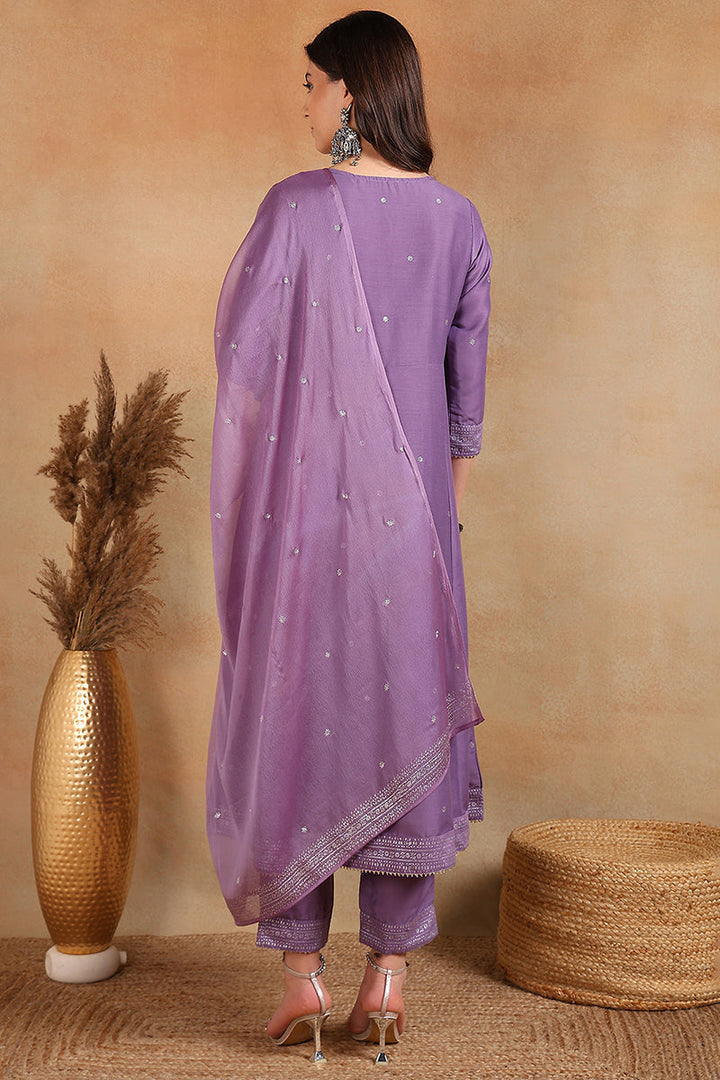 Lavender Silk Blend Anarkali Woven Design Kurta Pant With Dupatta  | SHOBITAM