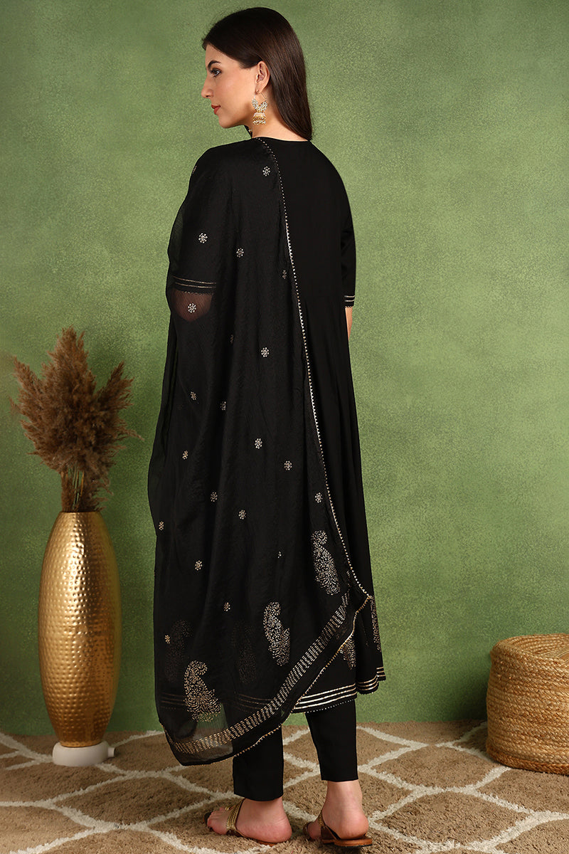 Black Silk Blend Anarkali Yoke Design Kurta Pant With Dupatta | SHOBITAM