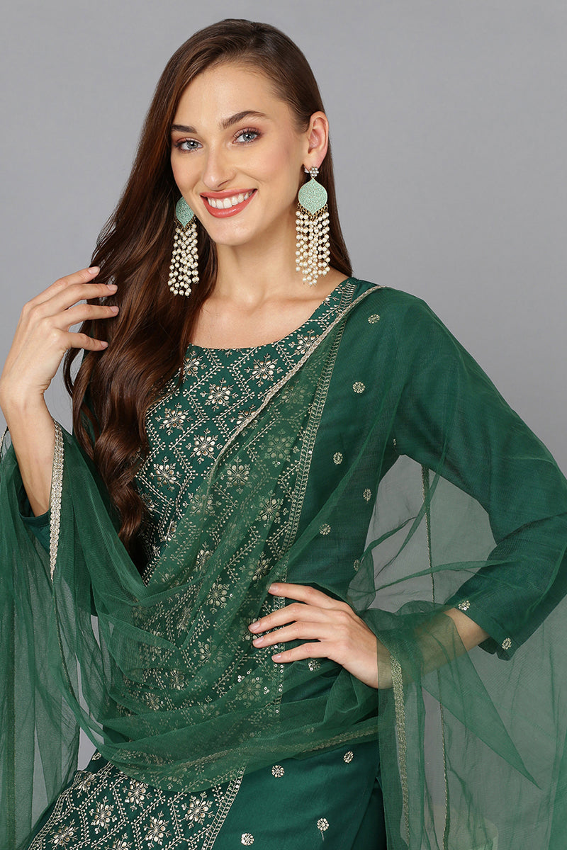 Dark Green Silk Blend Embroidered Party wear Suit Set  | SHOBITAM