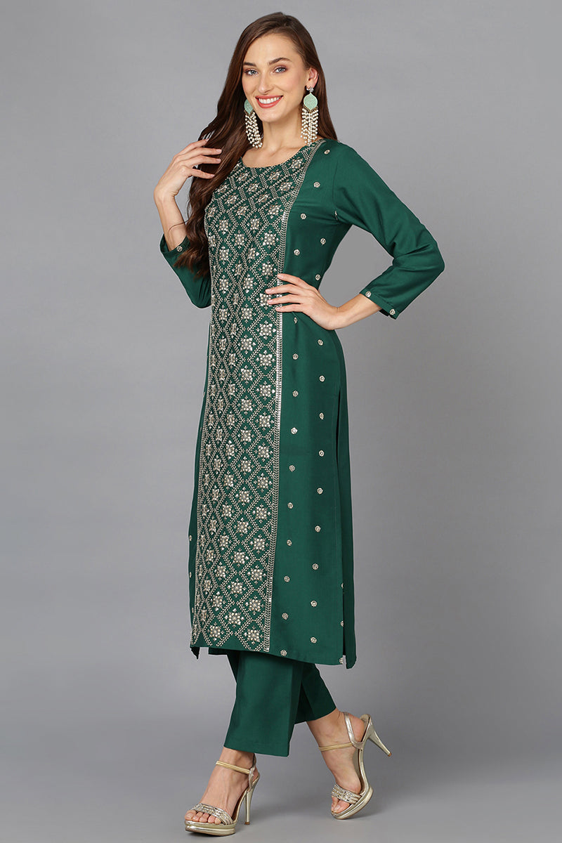 Dark Green Silk Blend Embroidered Party wear Suit Set  | SHOBITAM