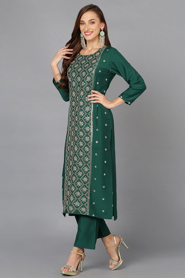 Dark Green Silk Blend Embroidered Party wear Suit Set  | SHOBITAM