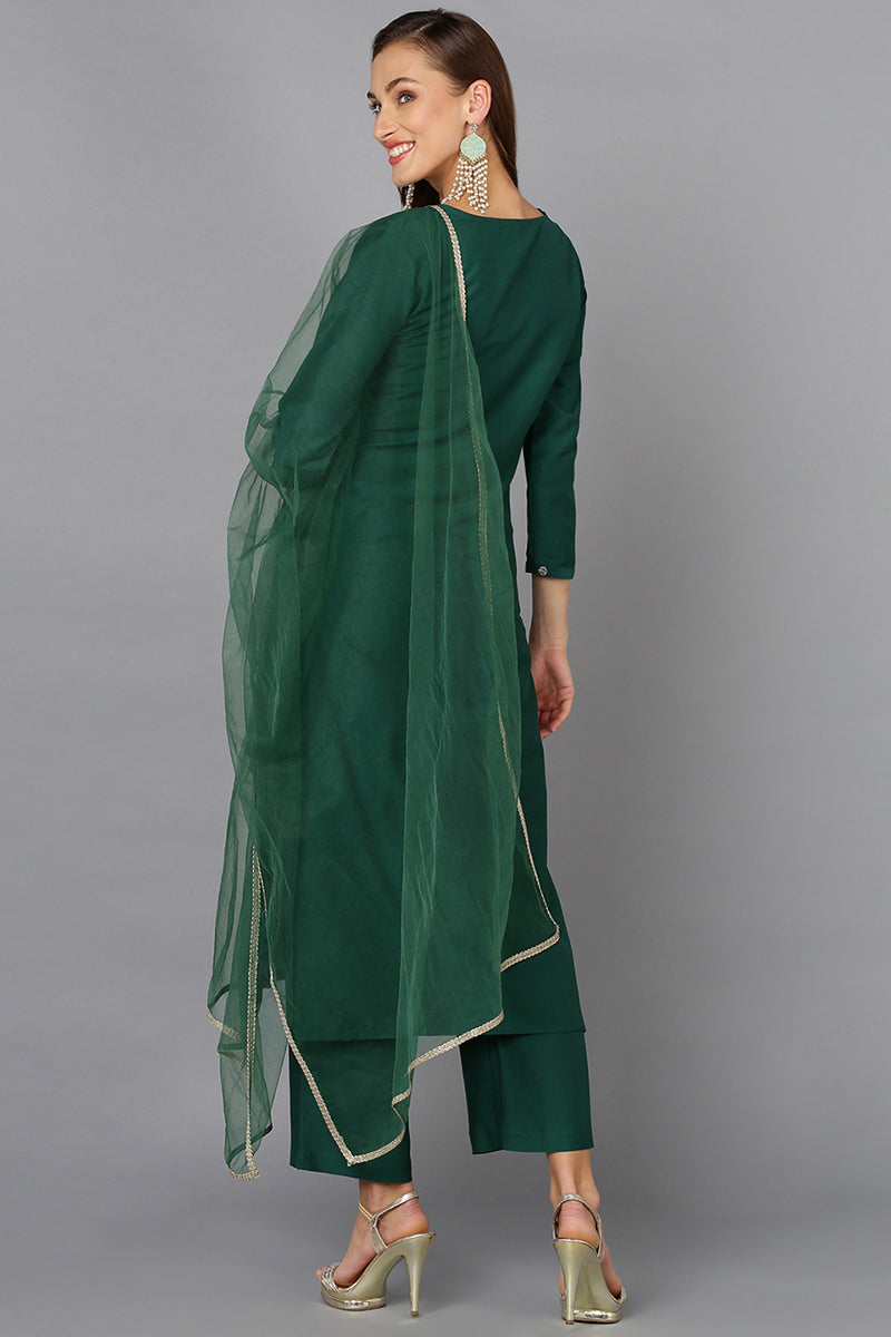 Dark Green Silk Blend Embroidered Party wear Suit Set  | SHOBITAM