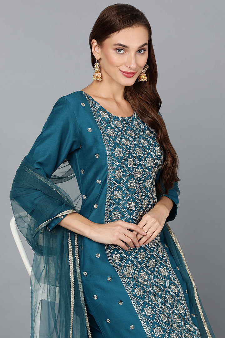 Silk Blend Teal Blue Festive wear Suit Set  | SHOBITAM