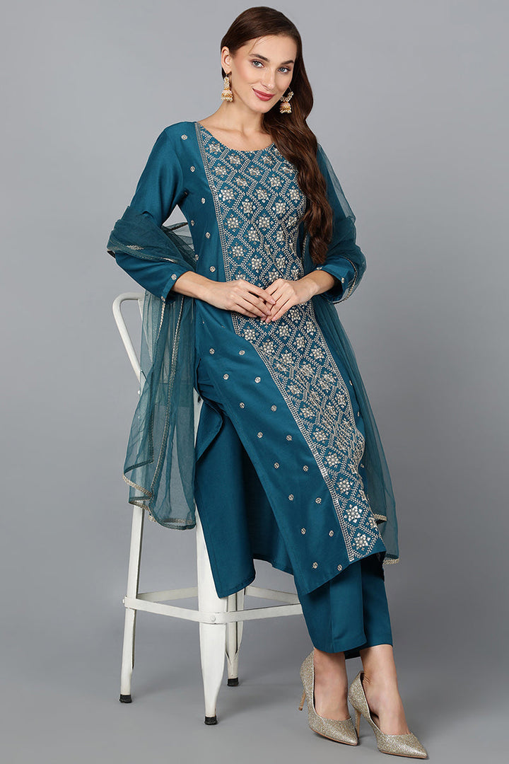 Silk Blend Teal Blue Festive wear Suit Set  | SHOBITAM