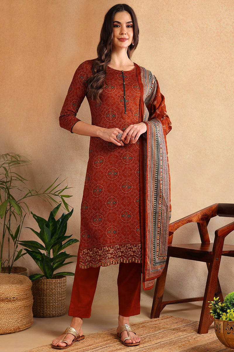 Burnt Orange Silk Blend Straight Suit Set  | SHOBITAM