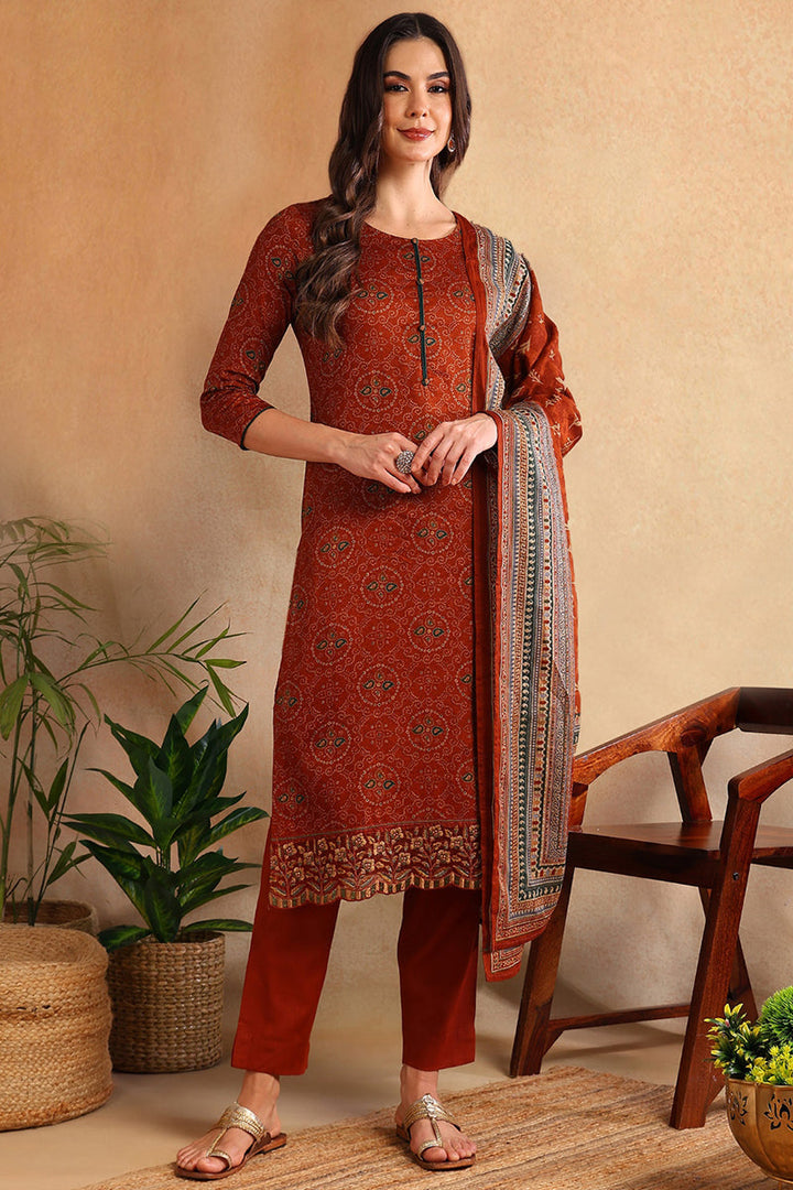 Burnt Orange Silk Blend Straight Suit Set  | SHOBITAM