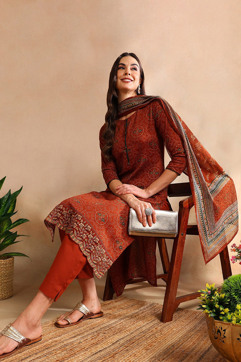 Burnt Orange Silk Blend Straight Suit Set  | SHOBITAM