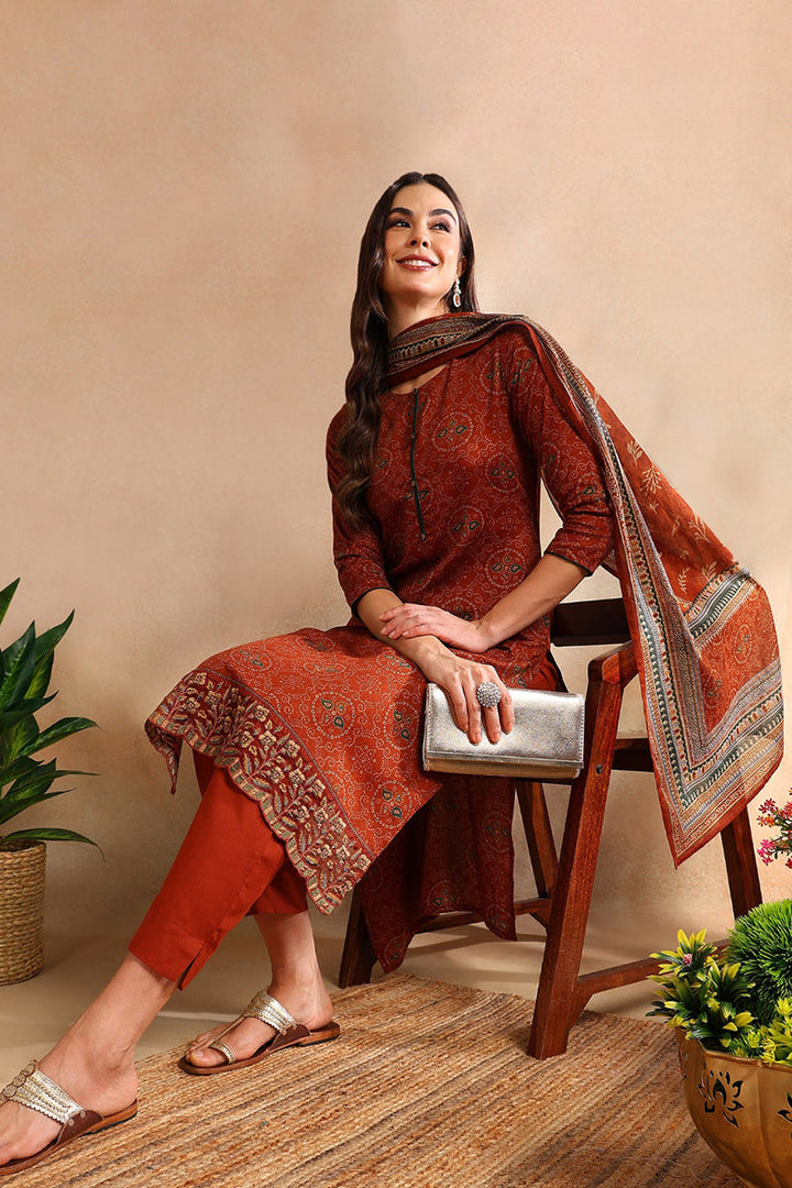 Burnt Orange Silk Blend Straight Suit Set  | SHOBITAM