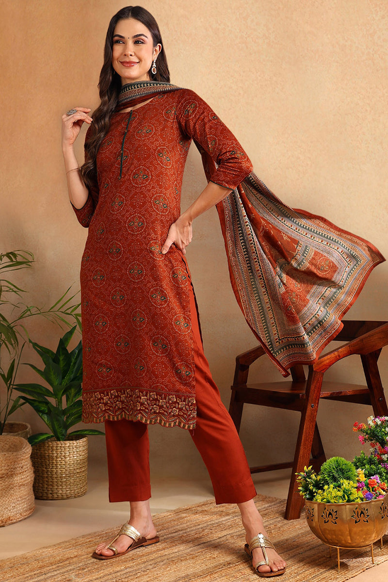 Burnt Orange Silk Blend Straight Suit Set  | SHOBITAM