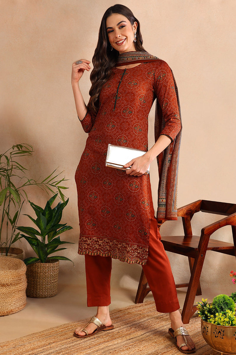 Burnt Orange Silk Blend Straight Suit Set  | SHOBITAM