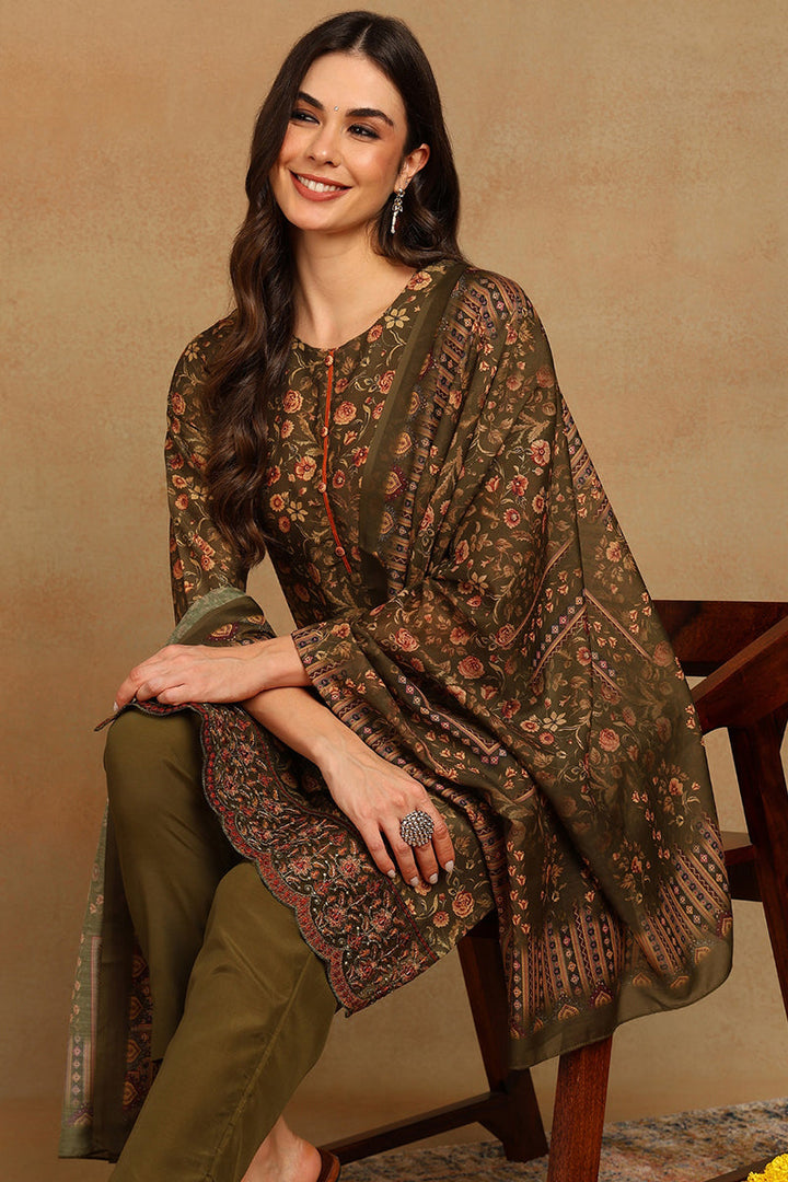 Olive Green Cotton Straight Suit Set  | SHOBITAM