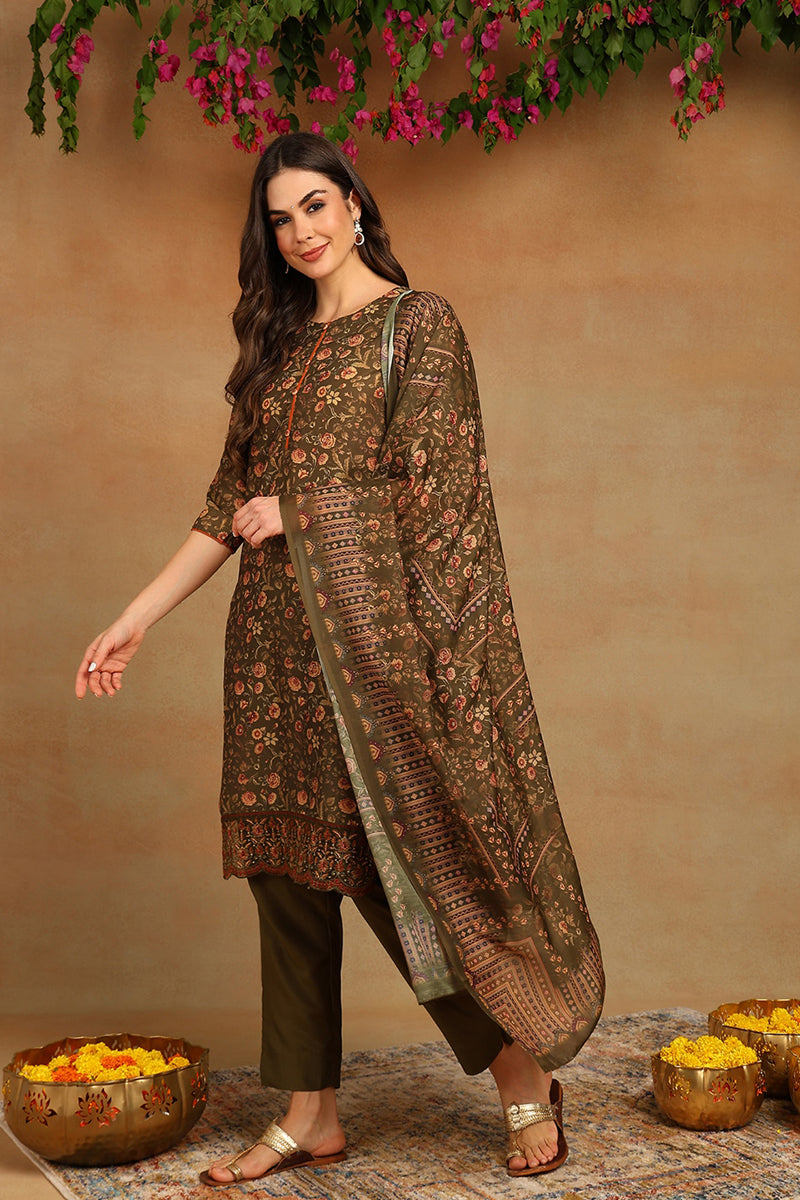 Olive Green Cotton Straight Suit Set  | SHOBITAM
