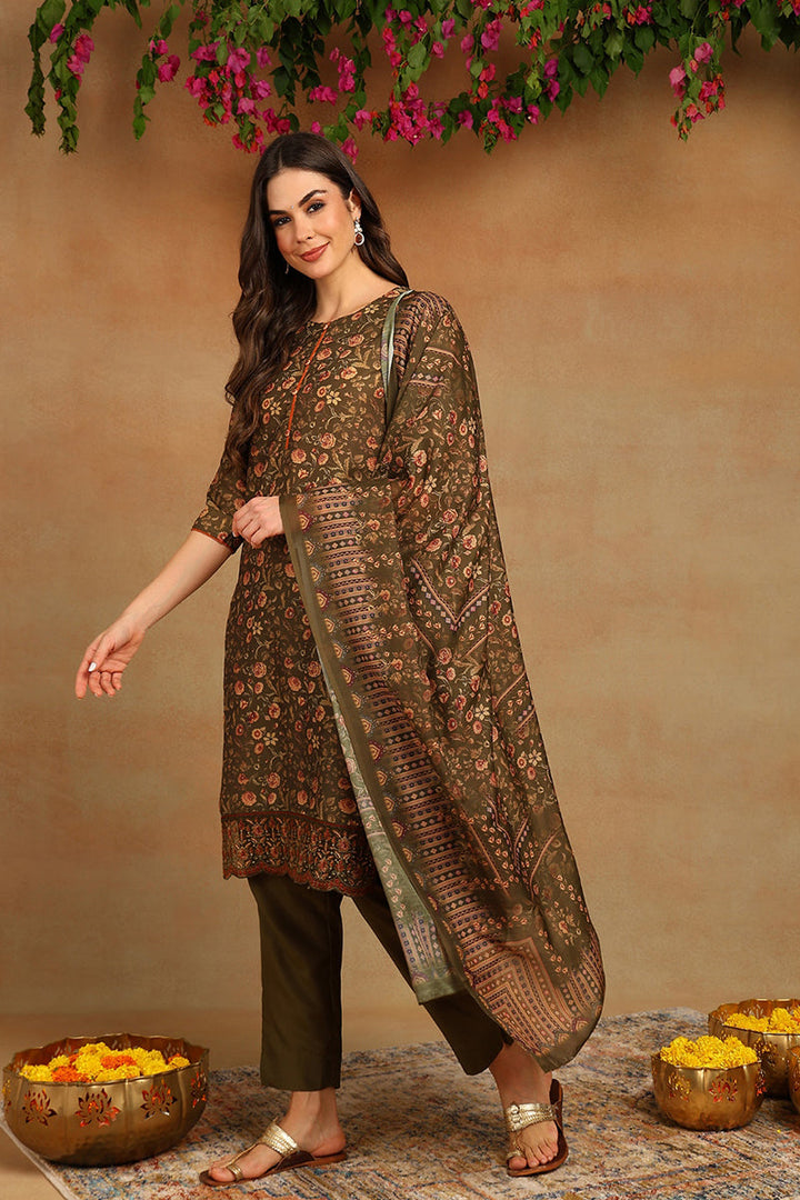 Olive Green Cotton Straight Suit Set  | SHOBITAM