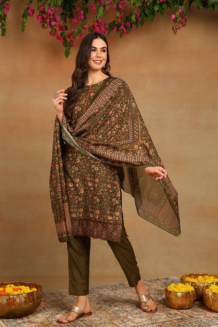 Olive Green Cotton Straight Suit Set  | SHOBITAM