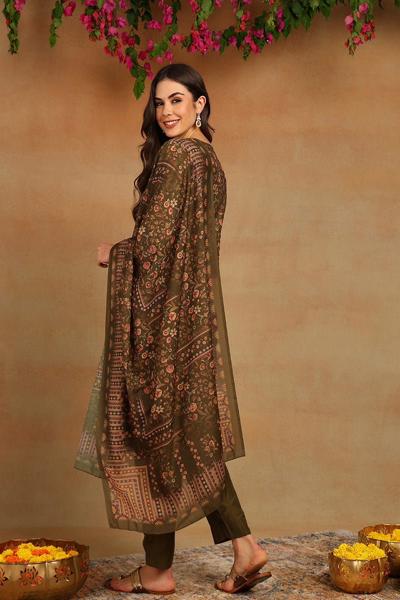 Olive Green Cotton Straight Suit Set  | SHOBITAM