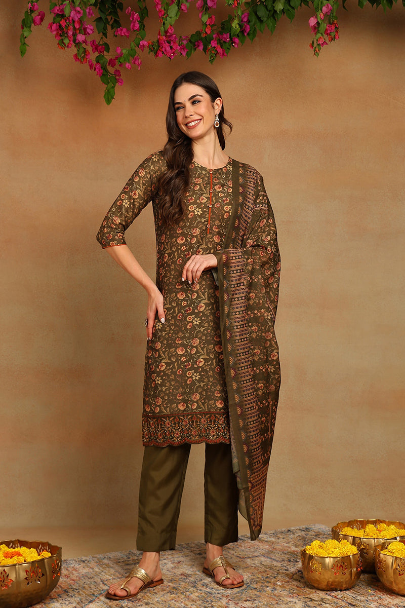 Olive Green Cotton Straight Suit Set  | SHOBITAM