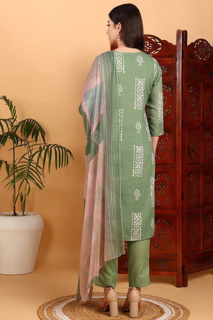 Sea Green Silk Blend Straight Suit Set | SHOBITAM