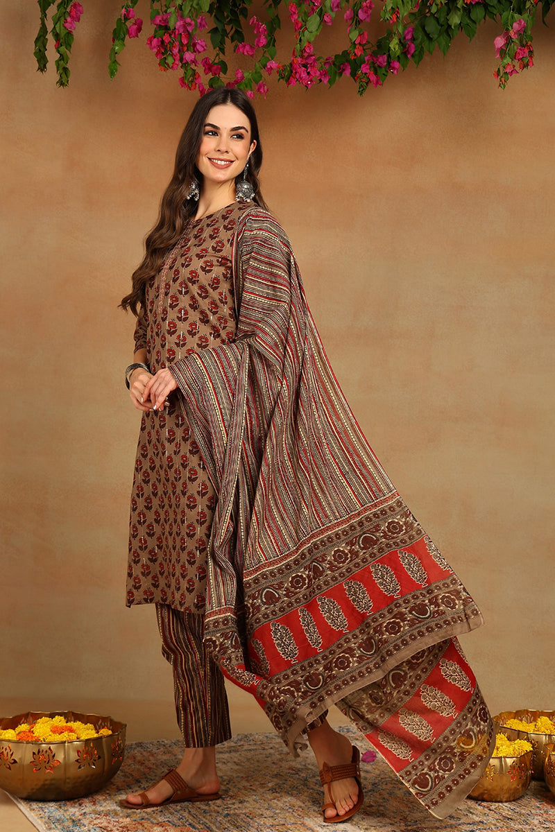 Cotton Beige Printed Straight Kurta Pant With Dupatta  | SHOBITAM