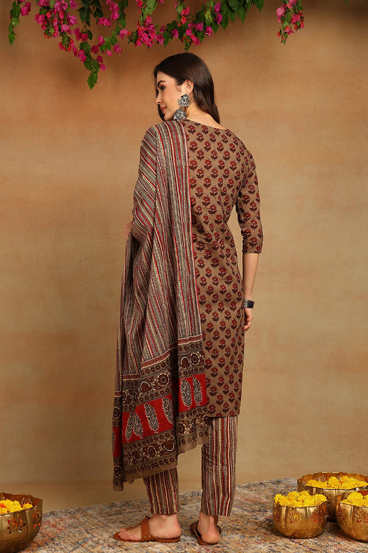 Cotton Beige Printed Straight Kurta Pant With Dupatta  | SHOBITAM