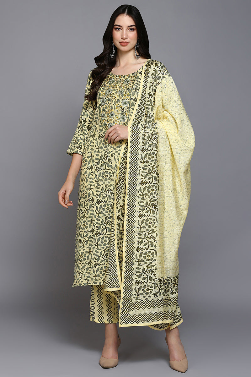 Yellow Silk Blend Floral Straight Suit Set  | SHOBITAM