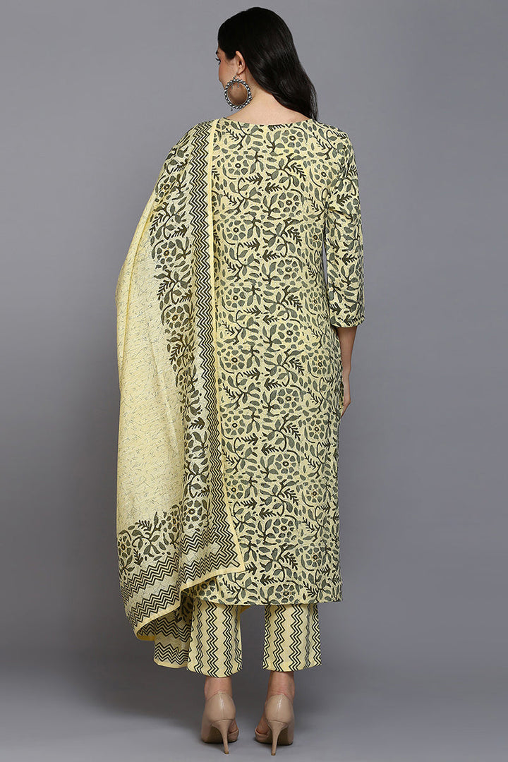 Yellow Silk Blend Floral Straight Suit Set  | SHOBITAM