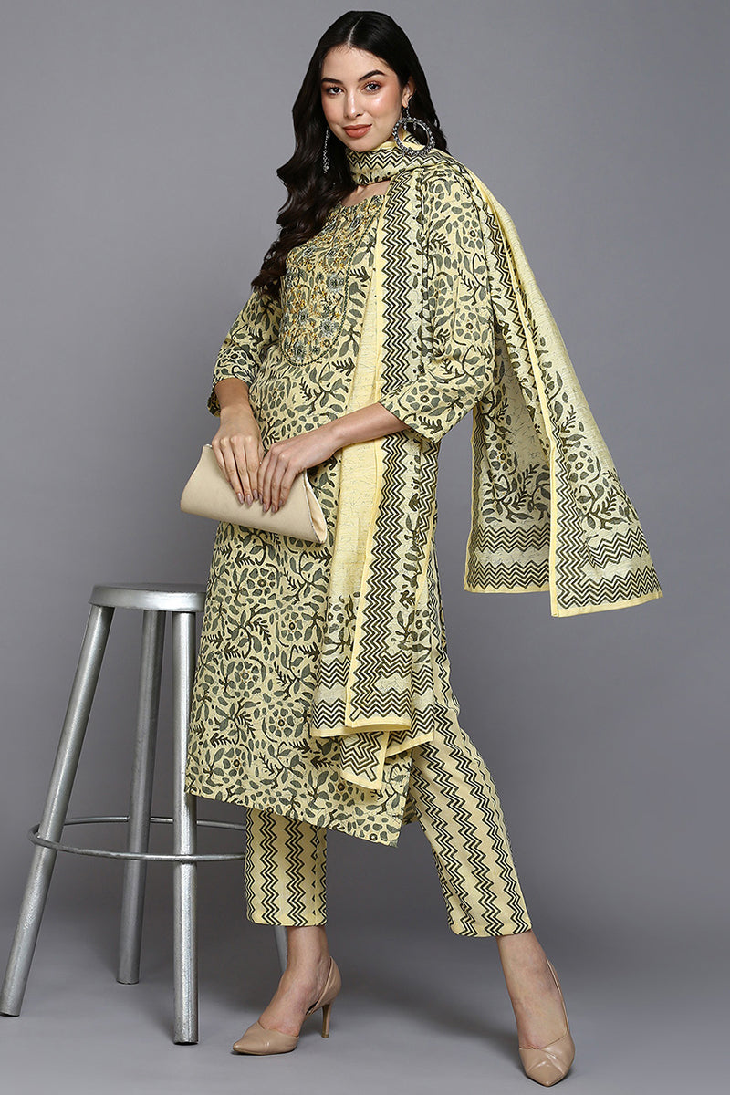 Yellow Silk Blend Floral Straight Suit Set  | SHOBITAM