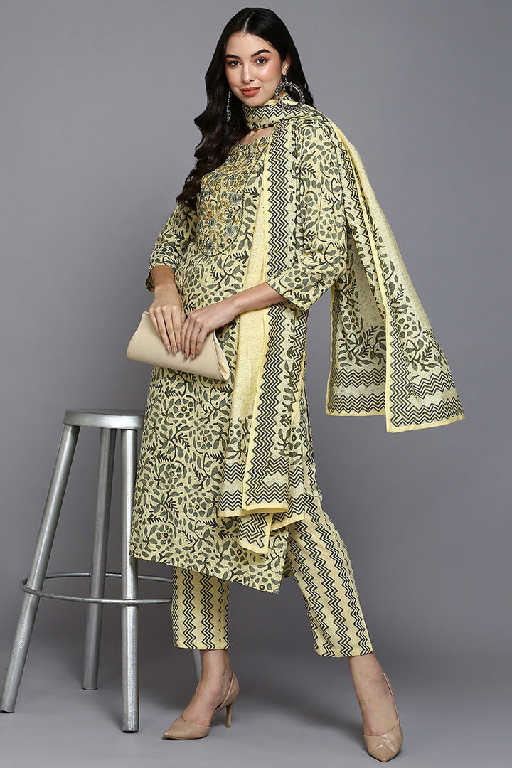 Yellow Silk Blend Floral Straight Suit Set  | SHOBITAM