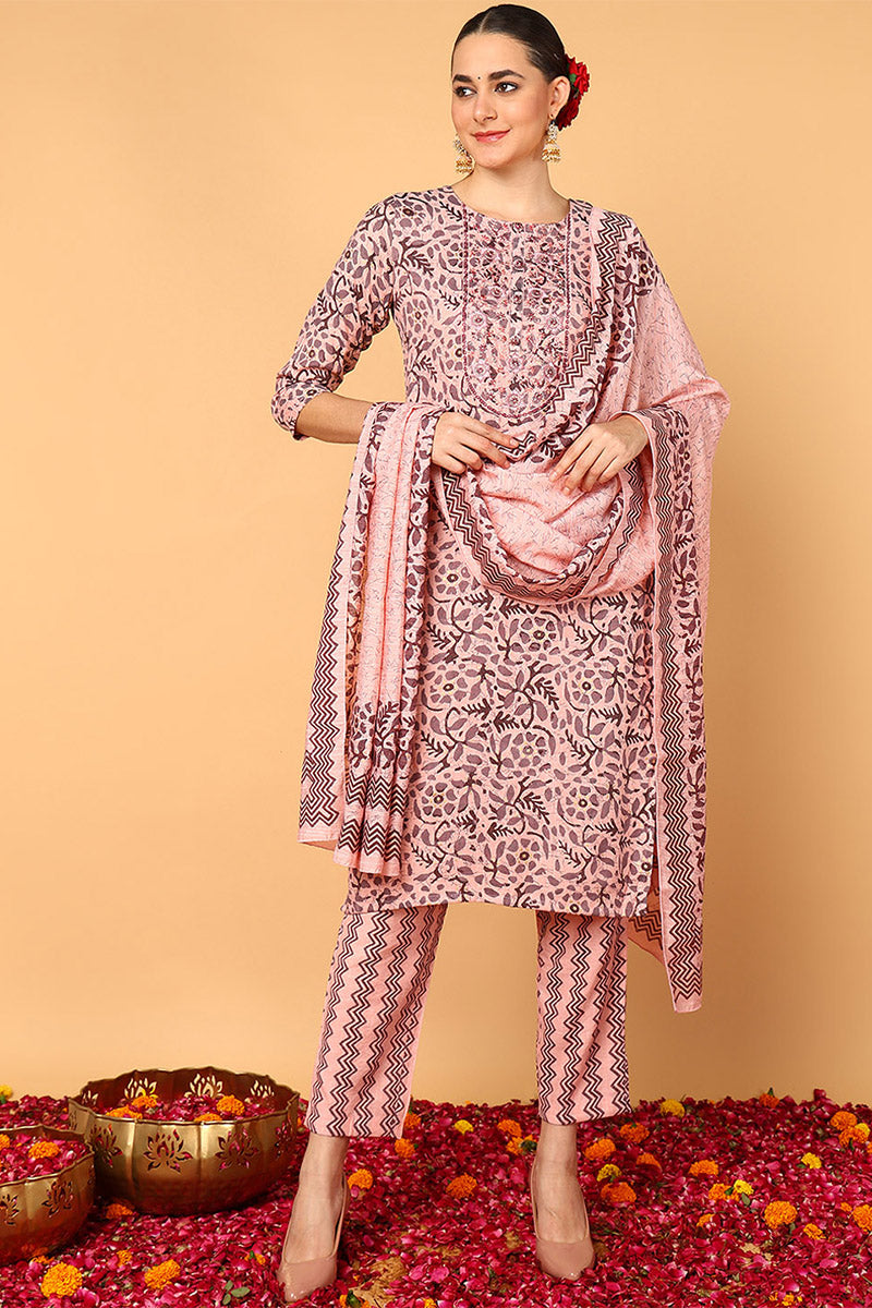 Plus Size Pink Silk Blend Floral Printed Straight Style Suit Set | SHOBITAM