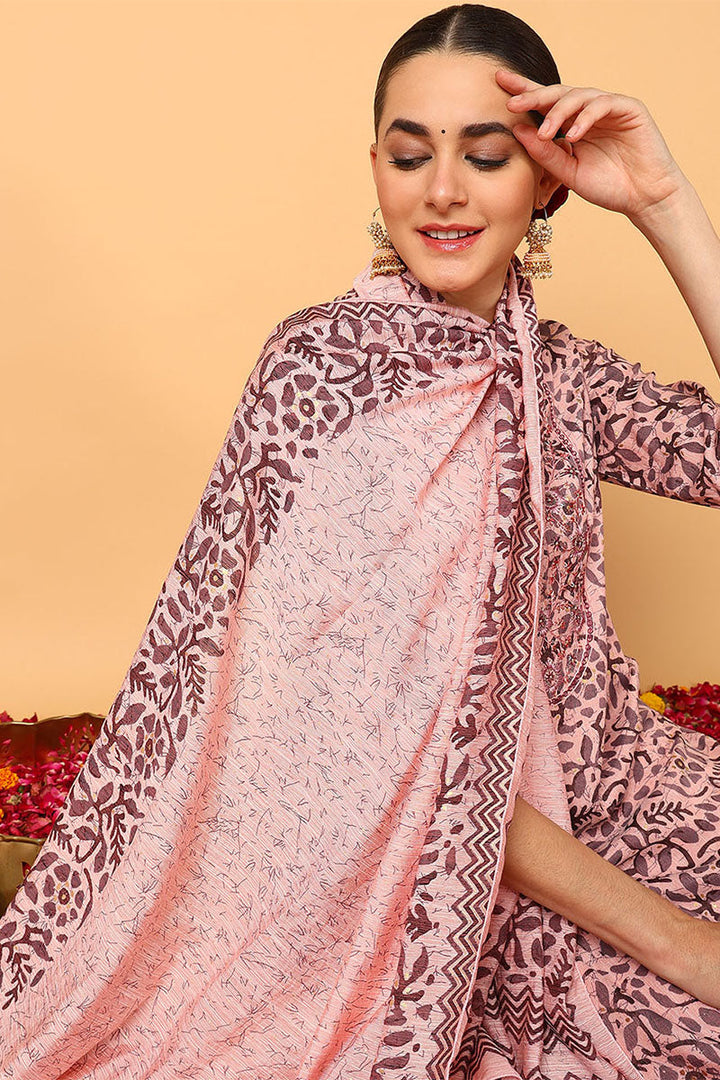 Pink Silk Blend Floral Printed Straight Style Suit Set | SHOBITAM