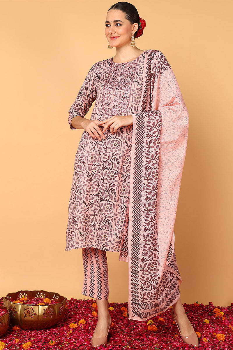 Pink Silk Blend Floral Printed Straight Style Suit Set | SHOBITAM