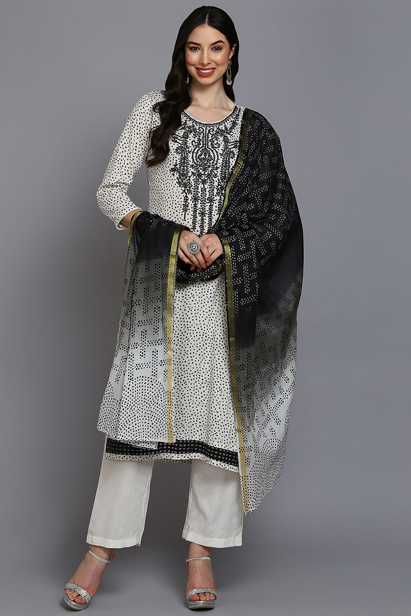 Off White Cotton Bandhani Straight Suit Set  | SHOBITAM