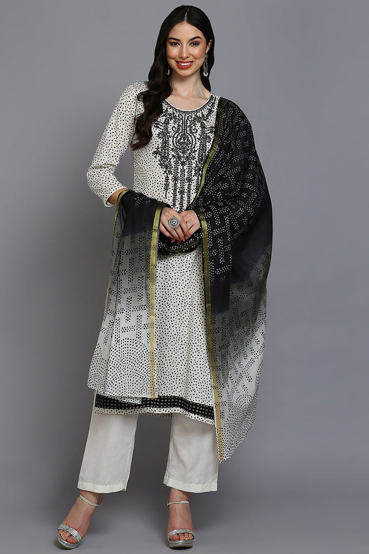 Off White Cotton Bandhani Straight Suit Set  | SHOBITAM