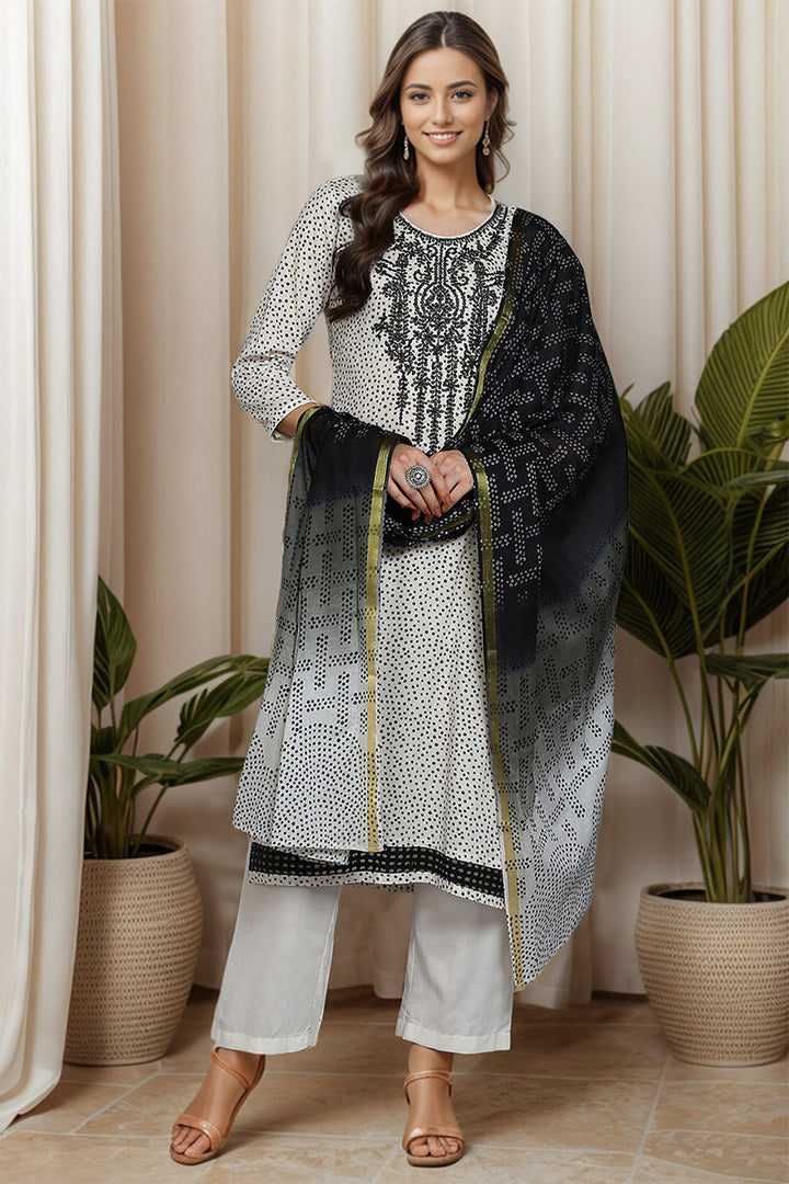 Off White Cotton Bandhani Straight Suit Set  | SHOBITAM