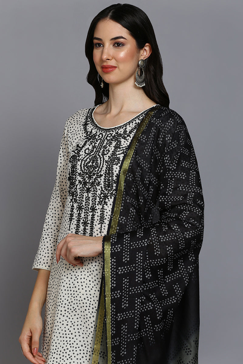 Off White Cotton Bandhani Straight Suit Set  | SHOBITAM
