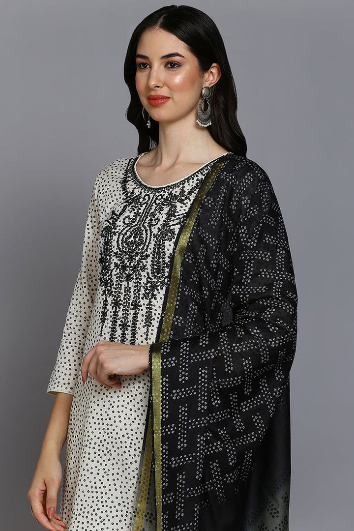Off White Cotton Bandhani Straight Suit Set  | SHOBITAM